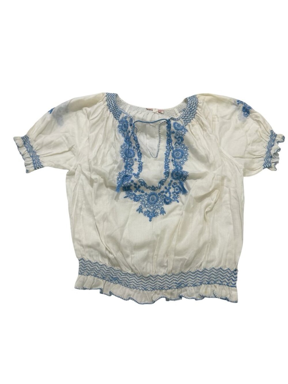 Hand Embroidery Fast Colour Ivory Blue Embroidered Peasant Blouse Shirt Women's